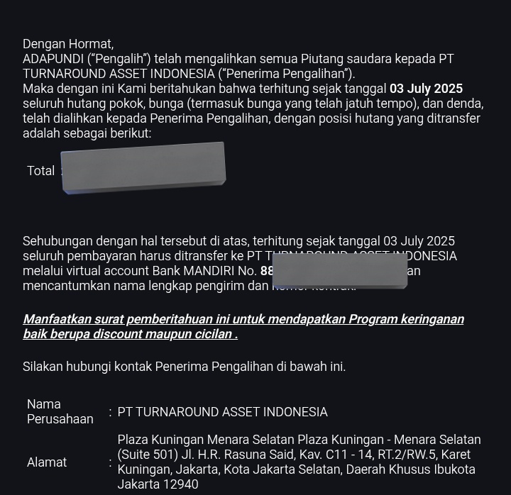 Buka email ternyata adpun udh ke pihak ketiga PT TA. Ada tawaran keringanan juga(?). Kalo misal ada uang ini bayar ga lewat app atau gmn dehh? Info gais