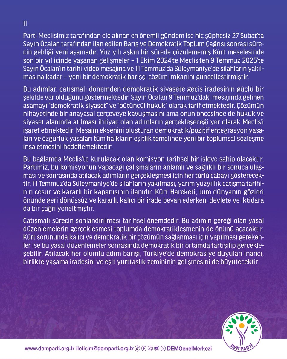 DEMGenelMerkezi's tweet image. DEM Parti mücadelesiyle demokratik siyaset zemininin en temel aktörüdür
22 Temmuz 2025’te Ankara'da gerçekleştirilen Parti Meclisi toplantımızın sonuç bildirgesi:
demparti.org.tr/tr/dem-parti-m…