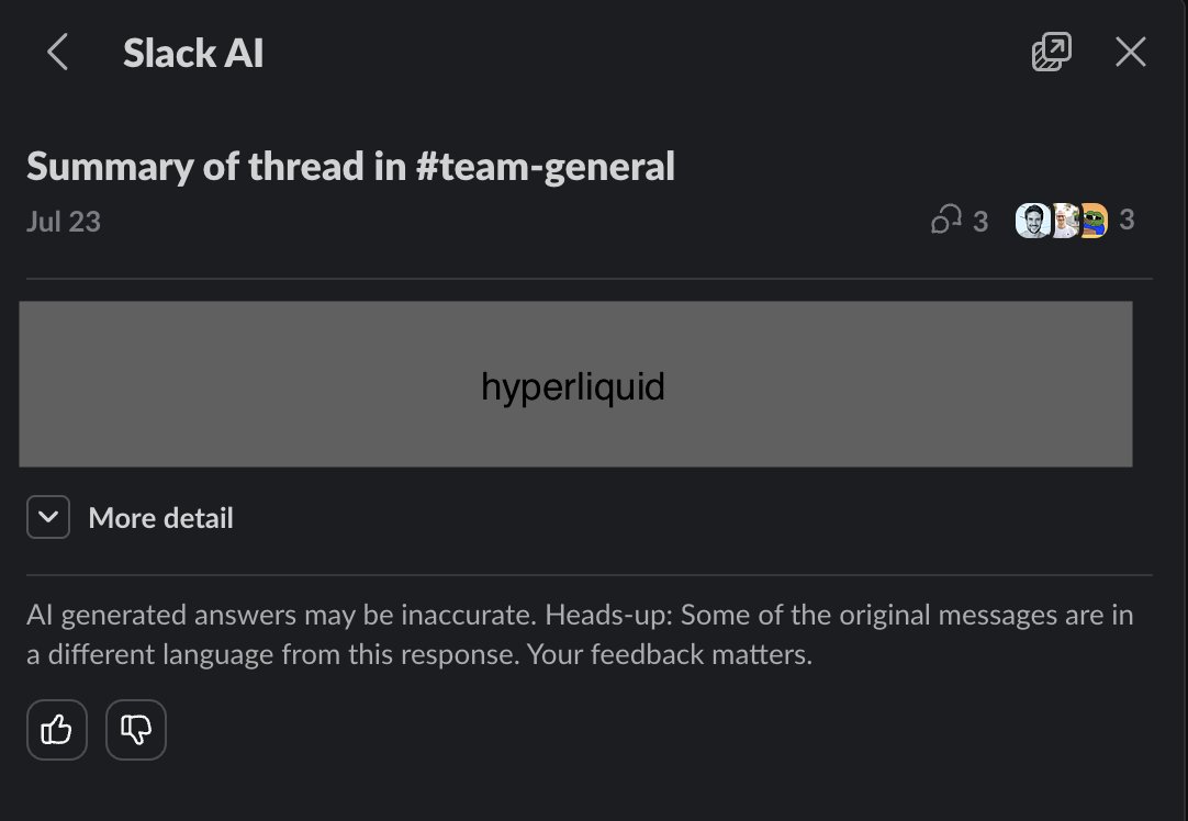 0xasrequired's tweet image. Slack AI summary of our company strategy discussion today