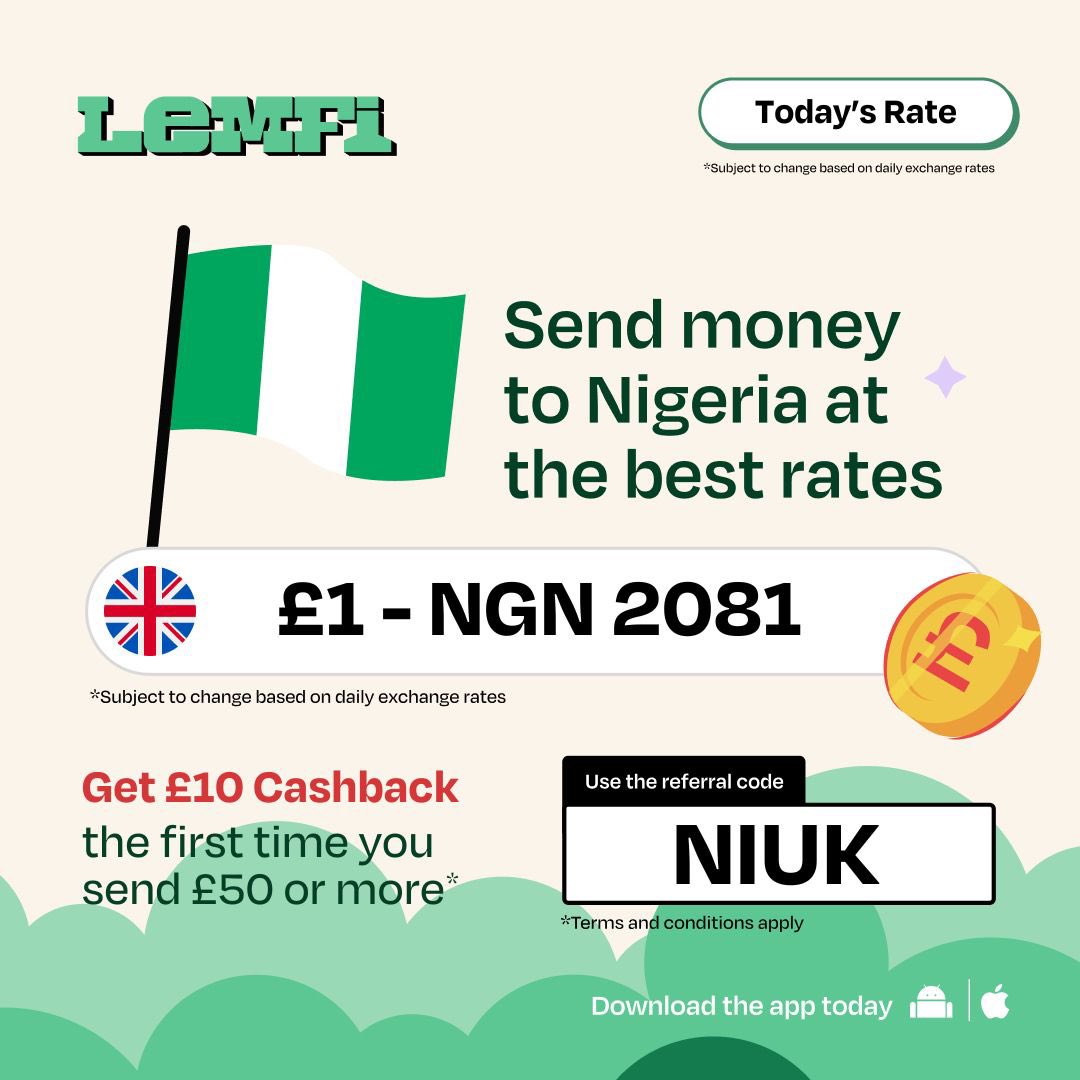 NIUKCommunity's tweet image. LemFi Rate Update for Today
Send money from the UK to Nigeria with LemFi
Fast, reliable and no hidden charges
Today’s rate is £1 = ₦2081
Send more, get more
Join thousands already using LemFi
#LemFi #TodaysRate #SendMoneyToNigeria #UKToNaija #NaijaRates #NiUKCommunity