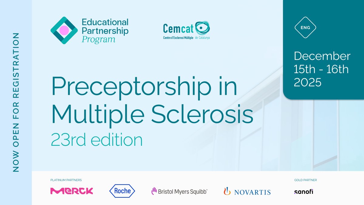 cemcat_em's tweet image. 🧠 The 23rd edition of the #MSPreceptorship is here!
🗓️Dec 15 - 16, 2025 | Barcelona or Online
👉 Two days of expert-led sessions designed to update and inspire neurologists across Europe.
Agenda & registration → bit.ly/MSP_23ed
Across both days, we’ll explore:
▪️…