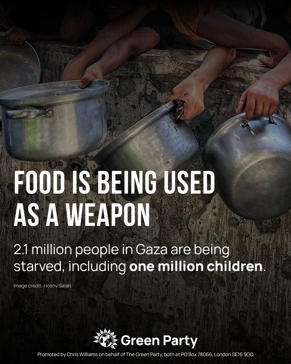 TheGreenParty's tweet image. The Israeli government are using food as a weapon.
According to the UN, 2.1 million Palestinians are being starved, including 1 million children.
Where is the action from our government to stop these war crimes?