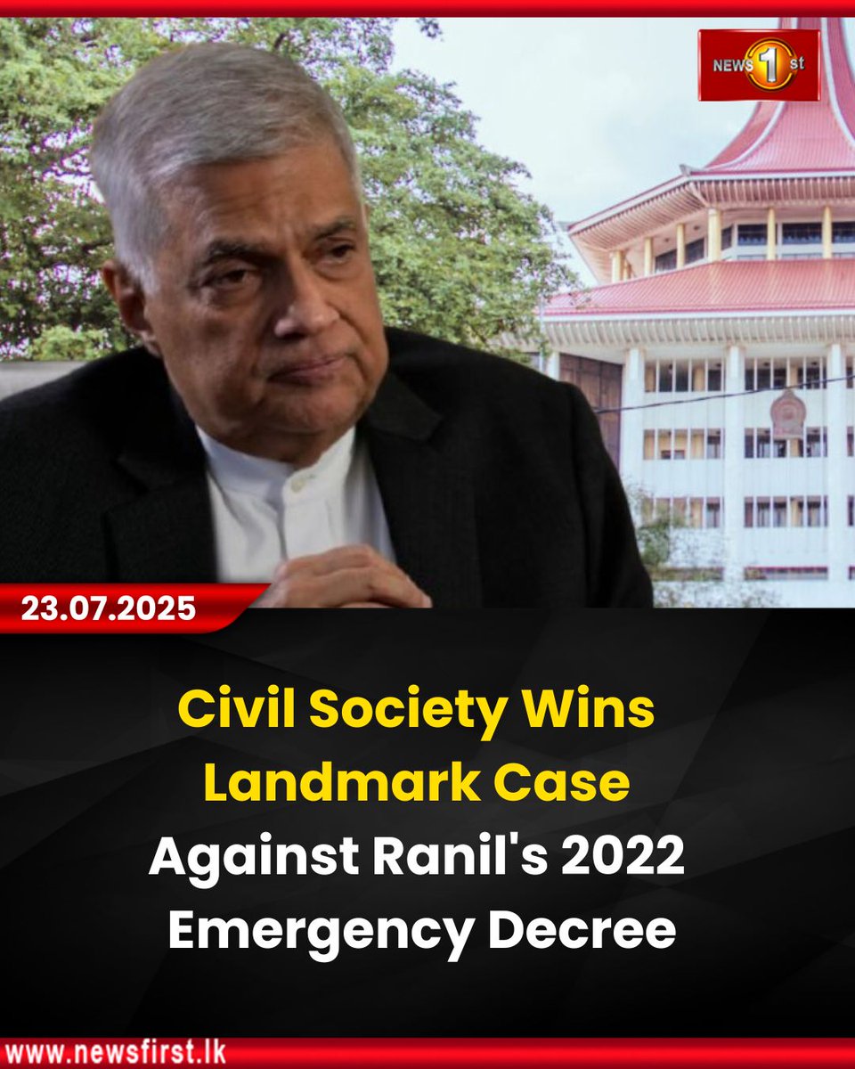 NewsfirstSL's tweet photo. Civil Society Wins Landmark Case Against Ranil's 2022 Emergency Decree

Details: https://t.co/t3QDgbRykN

#news #newsfirst #news1st #newsupdate #newsfirstenglish #latestupdate #civilsociety #landmarkcase #ranilwickremesinghe https://t.co/70QbtQRTKO