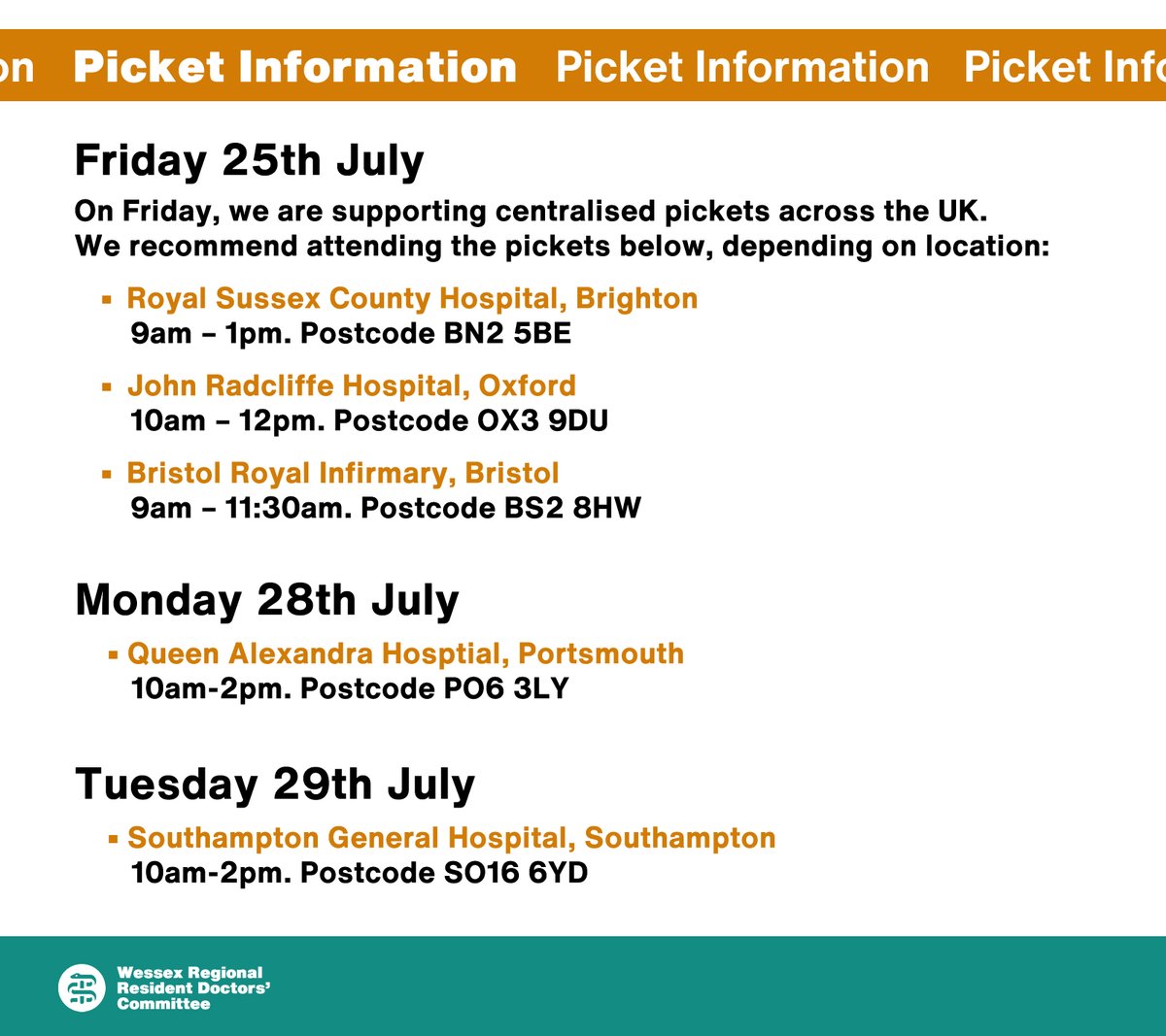 With strike action going ahead, here are the official pickets running within Wessex and the surrounding area. #PayRestoration #DoctorsStrike <a href="/BMAResidents/">Resident Doctors</a>