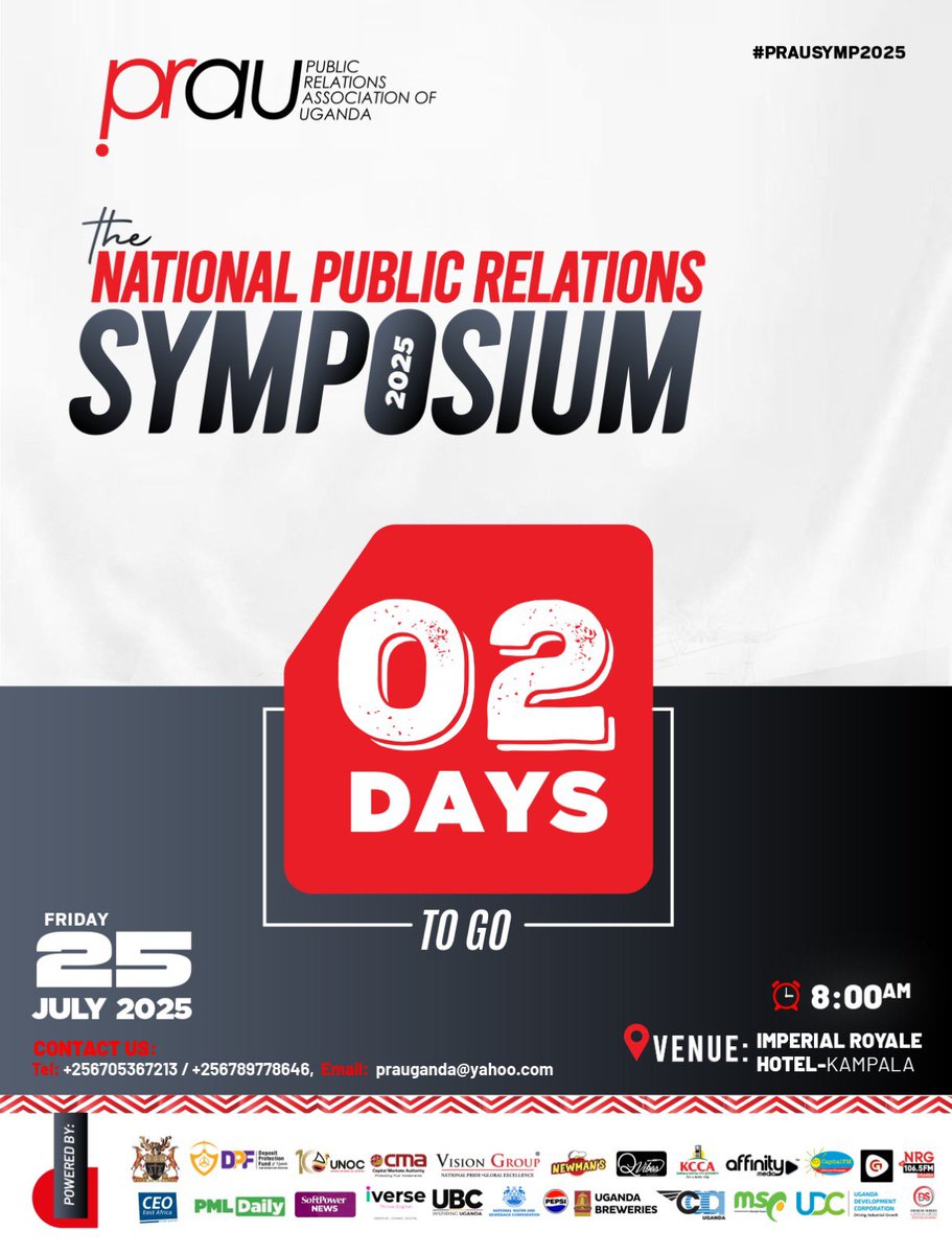 CapitalFMUganda's tweet image. This Friday, July 25th! 📍Imperial Royale Hotel, 8:00 AM
Join the National PR Symposium 2025 panel:
“PR Leaders Who Made It to the Top”
🎤 Moderator: Stella-Marion Athieno
👥 Panelists:
• Muhereza Kyamutetera
• Goretti Masadde
• Dr. Patricia Litho
#NationalPRSymposium25…