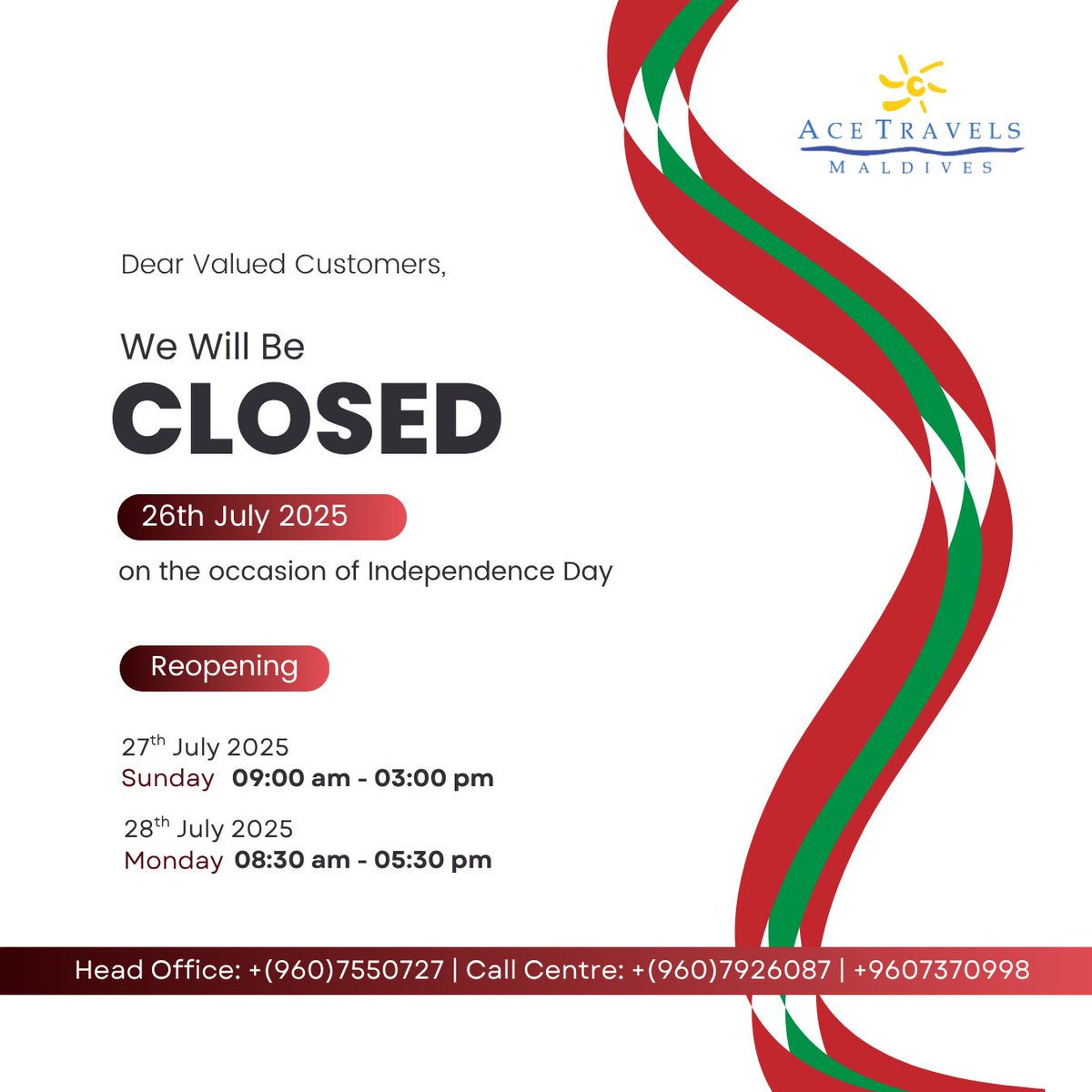 Dear Beloved Customers,

Please note that we will be closed on 26th July 2025 (Saturday), on the occasion of Independence Day. For any urgent inquiries during this time, kindly contact the number provided for assistance ✨