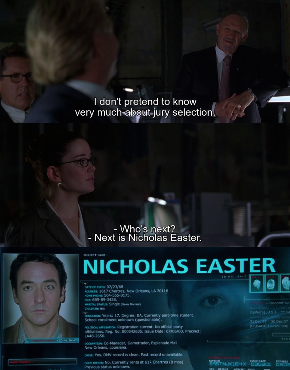 DatesInMovies's tweet image. Jul 23rd 1968 - Nicholas Easter (John Cusack), a reluctant juror on the case against Vicksburg Firearms, was born.
๐ฝ๏ธ๐
Runaway Jury (2003)