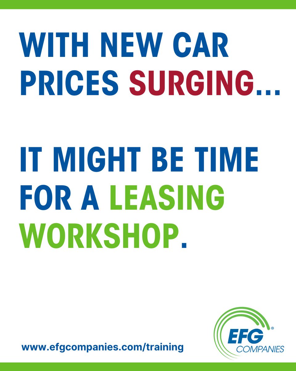 EFGCompanies's tweet image. New car prices are surging and more buyers want to #lease. Take advantage of the opportunity and the lease protection products. Selling a lease requires a specific skillset. Book a seat at our Leasing Workshop training course now! bit.ly/48gAVb2
#WhyEFG #EFGTraining
