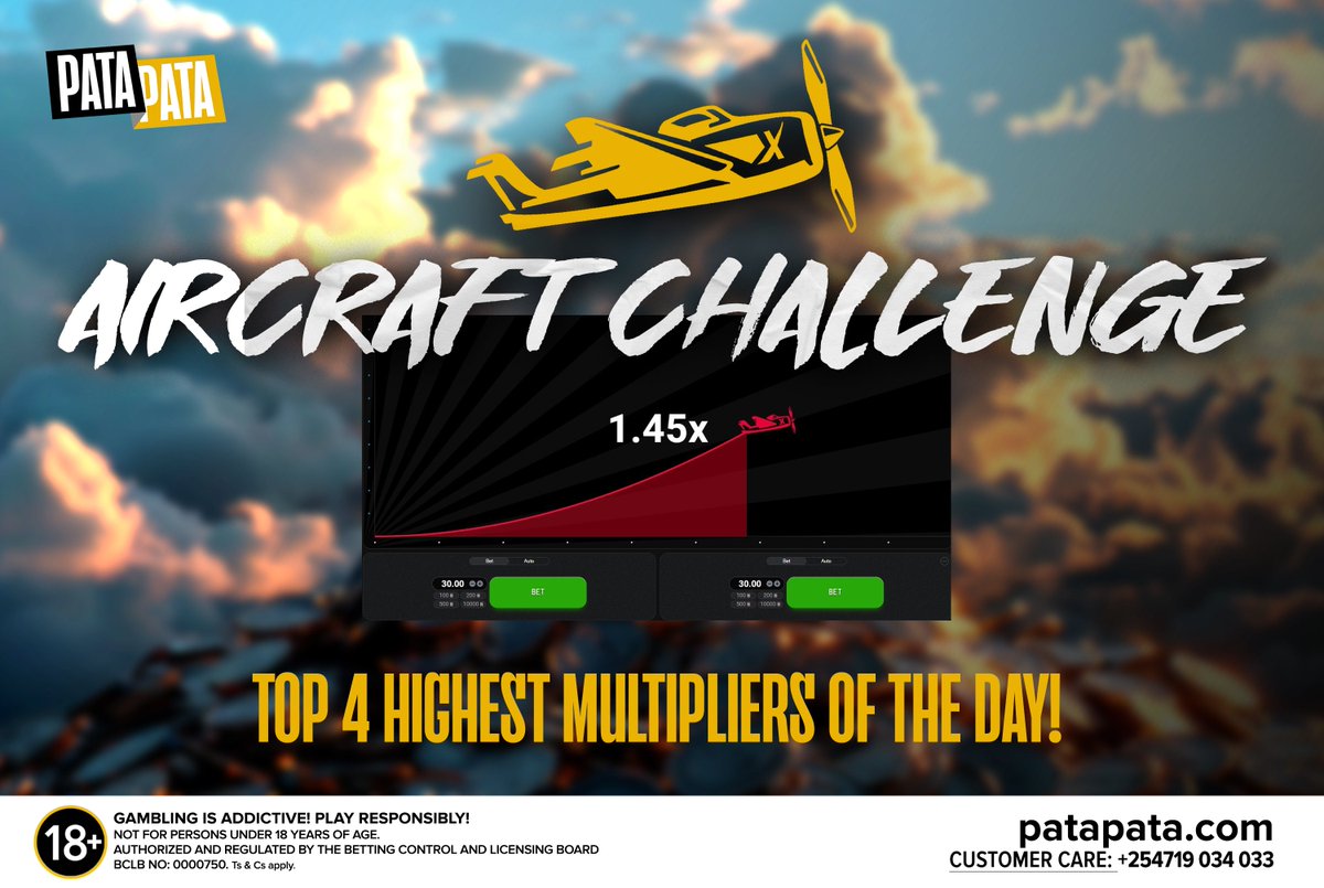 patapata254's tweet photo. How long can you last? Test your patience kwa Air Craft Challenge! Play Aviator from 4PM-12AM, hit highest multiplier, weka screenshot kwa comments.

Tuna reward 4 winners:
1,000/-
500/-
300/-
200/-
Take off now!
 https://t.co/EHj5ThfgC7

 #Aviator #ChezaPataCash #PlayResponsibly https://t.co/oq6pM64aHh