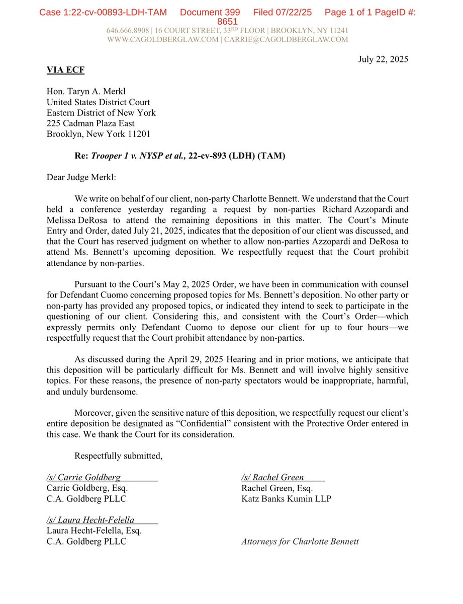 CuomoFriend's tweet image. Trooper 1 vs NYSP et al: 7/22/25 These are the Court’s decisions for Charlotte Bennett’s upcoming deposition.