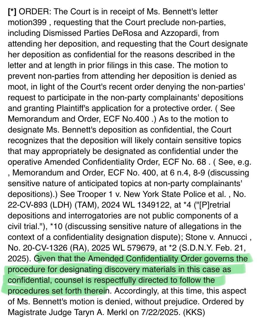 CuomoFriend's tweet image. Trooper 1 vs NYSP et al: 7/22/25 These are the Court’s decisions for Charlotte Bennett’s upcoming deposition.