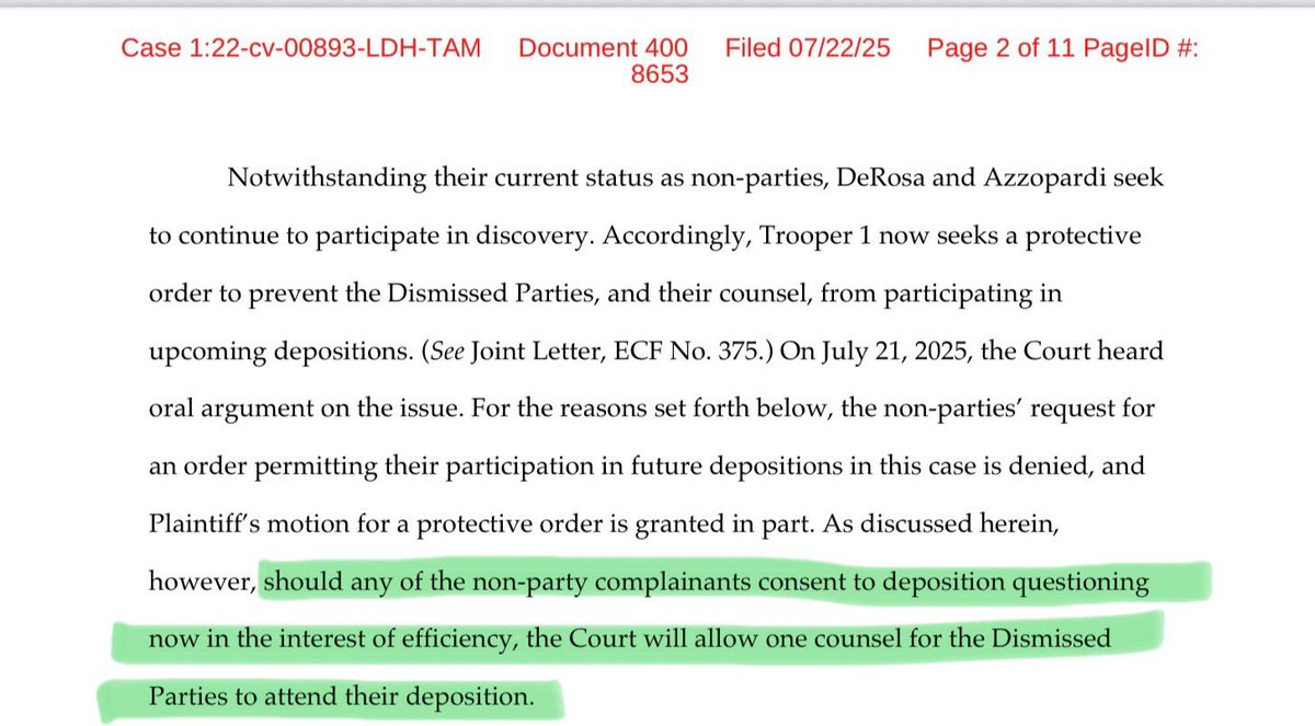 CuomoFriend's tweet image. Trooper 1 vs NYSP et al: 7/22/25 These are the Court’s decisions for Charlotte Bennett’s upcoming deposition.