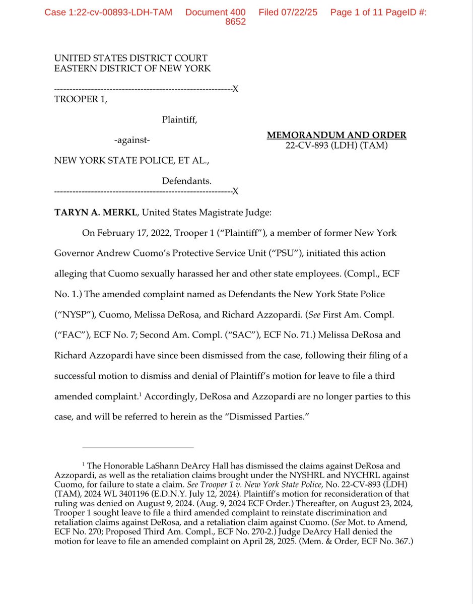 CuomoFriend's tweet image. Trooper 1 vs NYSP et al: 7/22/25 These are the Court’s decisions for Charlotte Bennett’s upcoming deposition.
