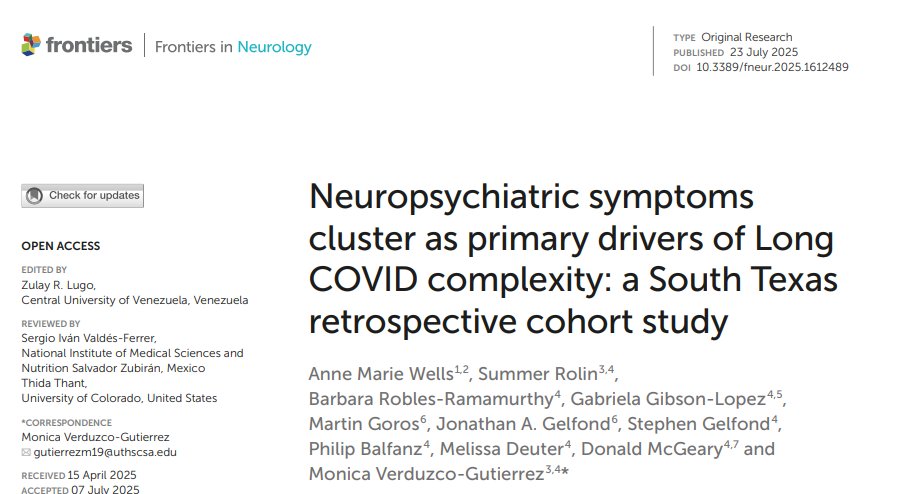 🧵1/
🚨 New study alert!
We analyzed 162 Long COVID patients at a South Texas rehab clinic and found something striking: neuropsychiatric symptoms (like brain fog, insomnia, anxiety, and depression) are major drivers of Long COVID complexity.
frontiersin.org/articles/10.33…
#LongCOVID