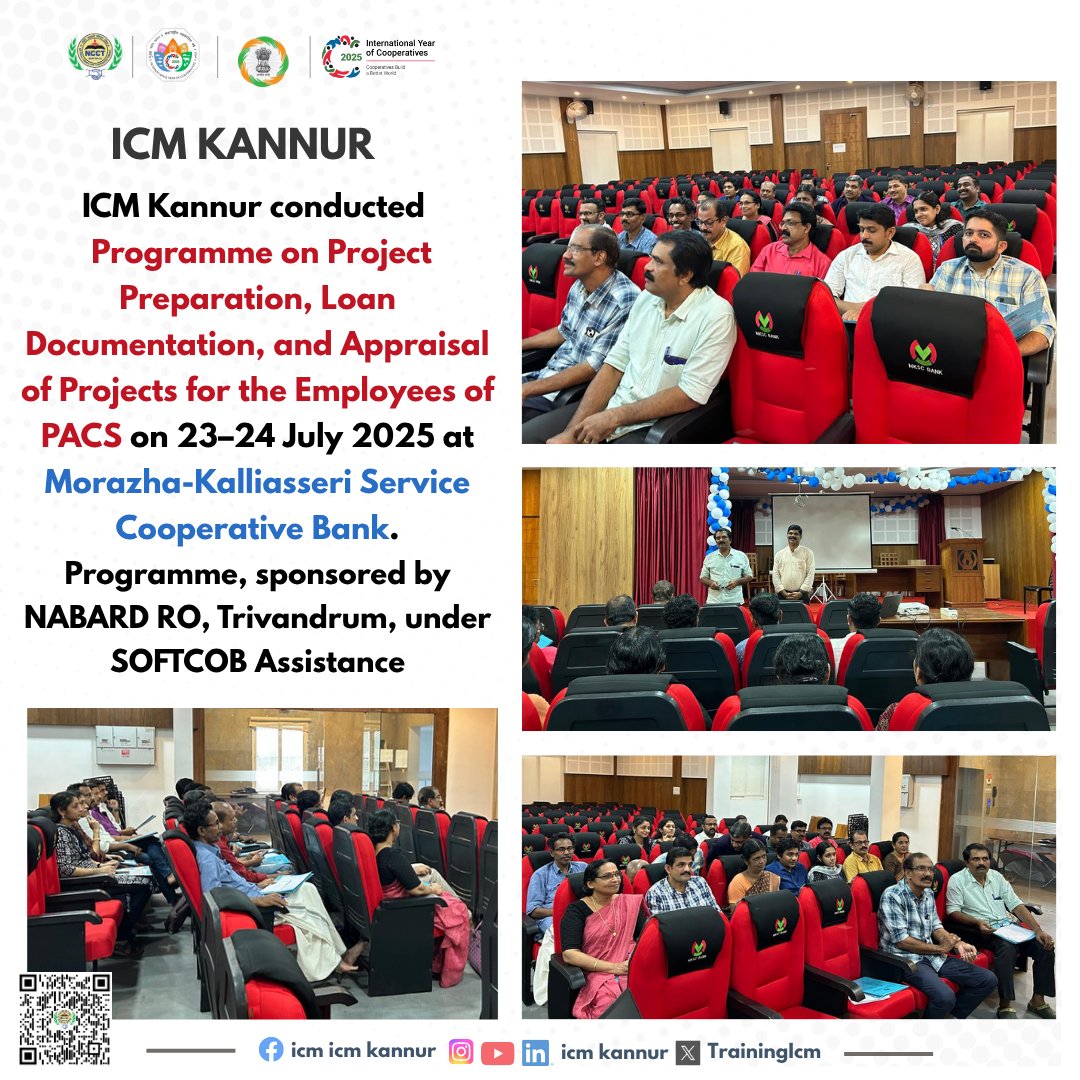 TrainingIcm's tweet photo. ICM Kannur conducted a Programme on Project Preparation, Loan Documentation, and Appraisal of Projects for the Employees of PACS on 23–24 July, 2025 at MKSCB
#ICMKannur #NABARD #SOFTCOB #KeralaCooperatives #ProjectAppraisal #LoanDocumentation #Cooperation https://t.co/W707L1XIle