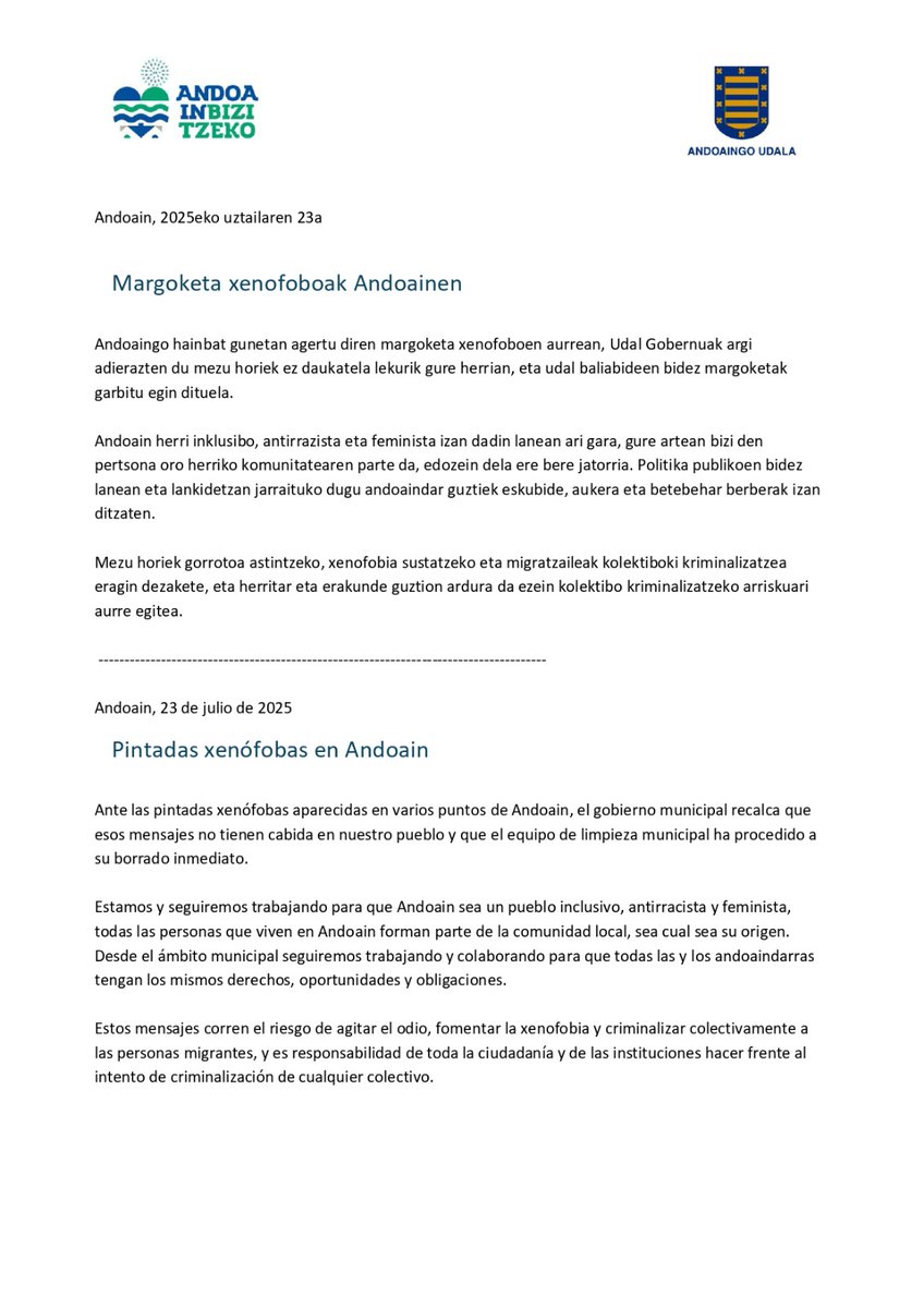 Gobernu Taldearen oharra, gaurko agertutako margoketa xenofoboen aurrean.
#andoain #andoainbizitzeko
