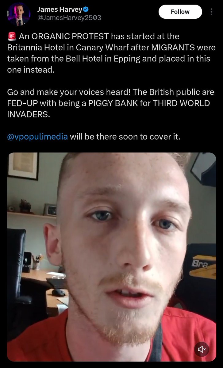 Nullen80's tweet image. An "organic protest" has sprung up at the Britannia Internation Hotel in Canary Wharf. Only it's not really organic as Leeanderthal posted about it last night, and Reform voters heard that dog whistle and responded.