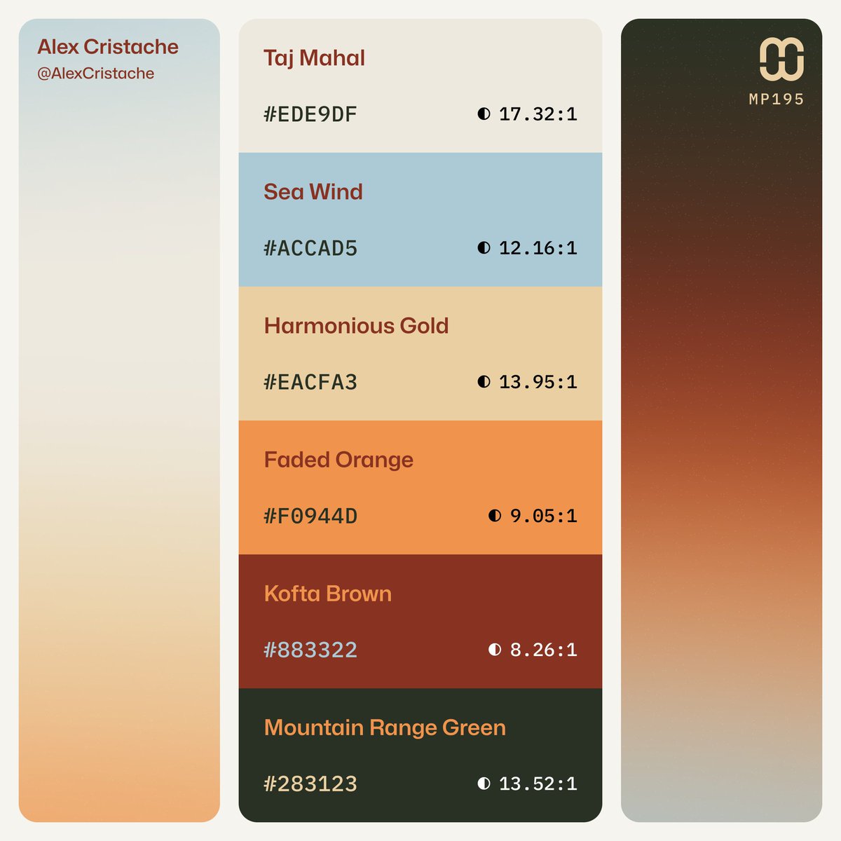 "At a glance" layout of #MindfulPalettes no. 195 for color palette collectors, artists, and designers.

Free for your next #branding or #design project.

Sharing is appreciated 🩵🧡🤎💚