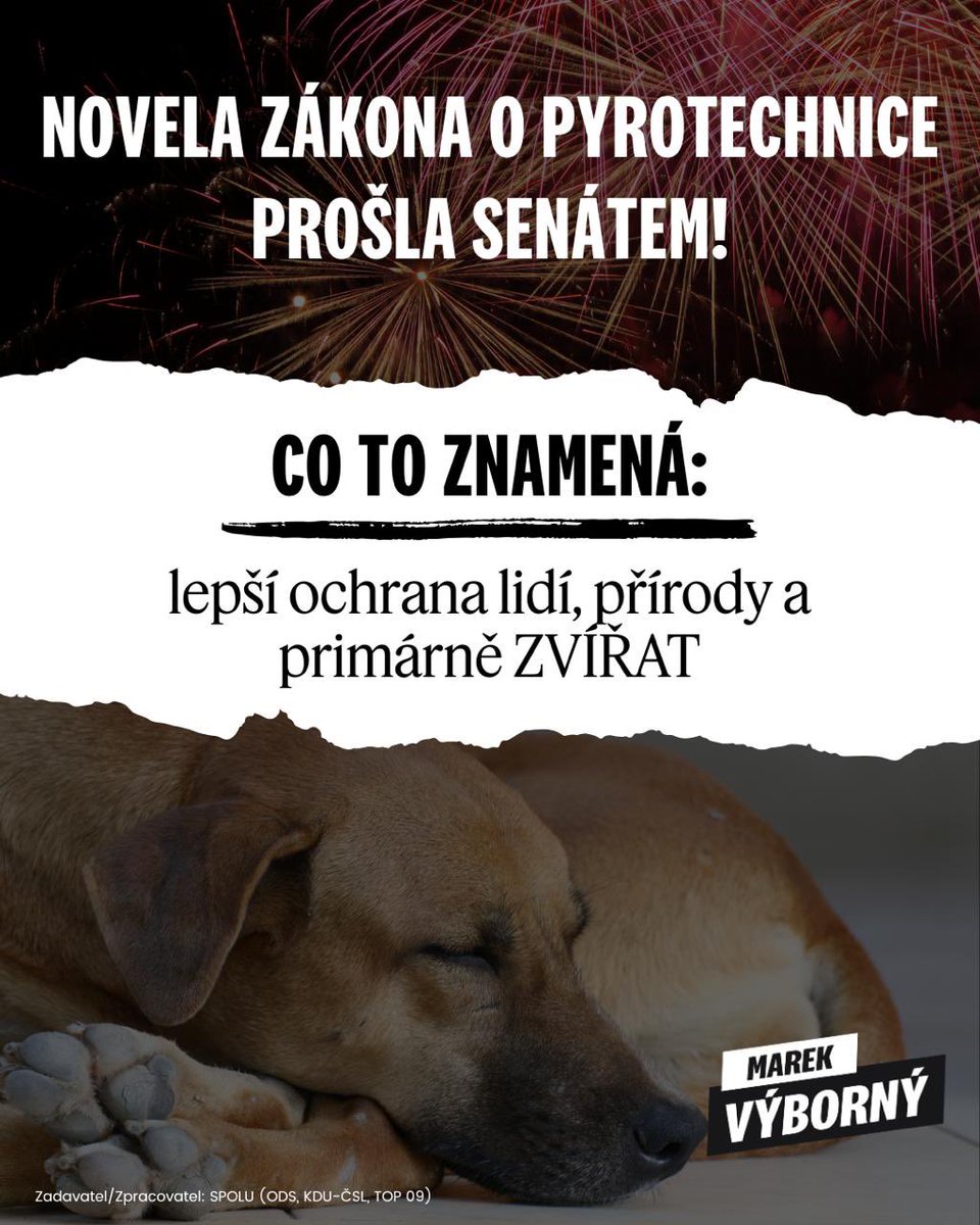 MarekVyborny's tweet image. 🎆Senát schválil změnu zákona o pyrotechnice.
✅ Přináší větší klid a ochranu pro rodiče, hospodářská zvířata i vaše mazlíčky. Konec samovolného odpalování nebezpečných petard a hlučných výbuchů v blízkosti stájí apod. ‼️
Děkuji všem, kdo na této změně pracovali. 👍