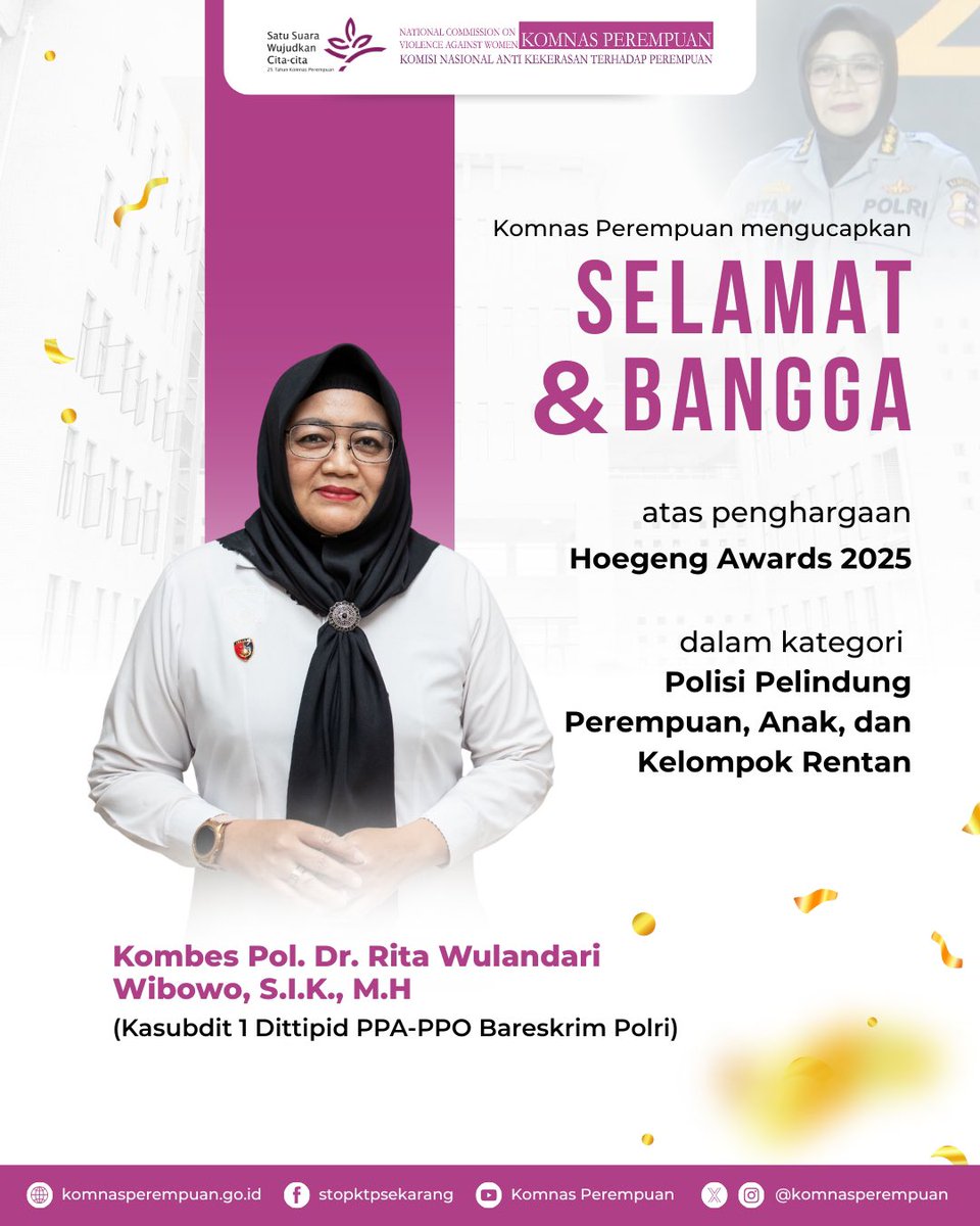 KomnasPerempuan's tweet image. Selamat &amp;amp; bangga, Kombes Pol. Dr. Rita Wulandari Wibowo, S.I.K., M.H atas diraihnya penghargaan Hoegeng Awards 2025 untuk kategori Polisi Pelindung Perempuan, Anak, dan Kelompok Rentan. 

Komnas Perempuan terus mendukung kepemimpinan dan kiprah perempuan dalam tubuh Polri dan…