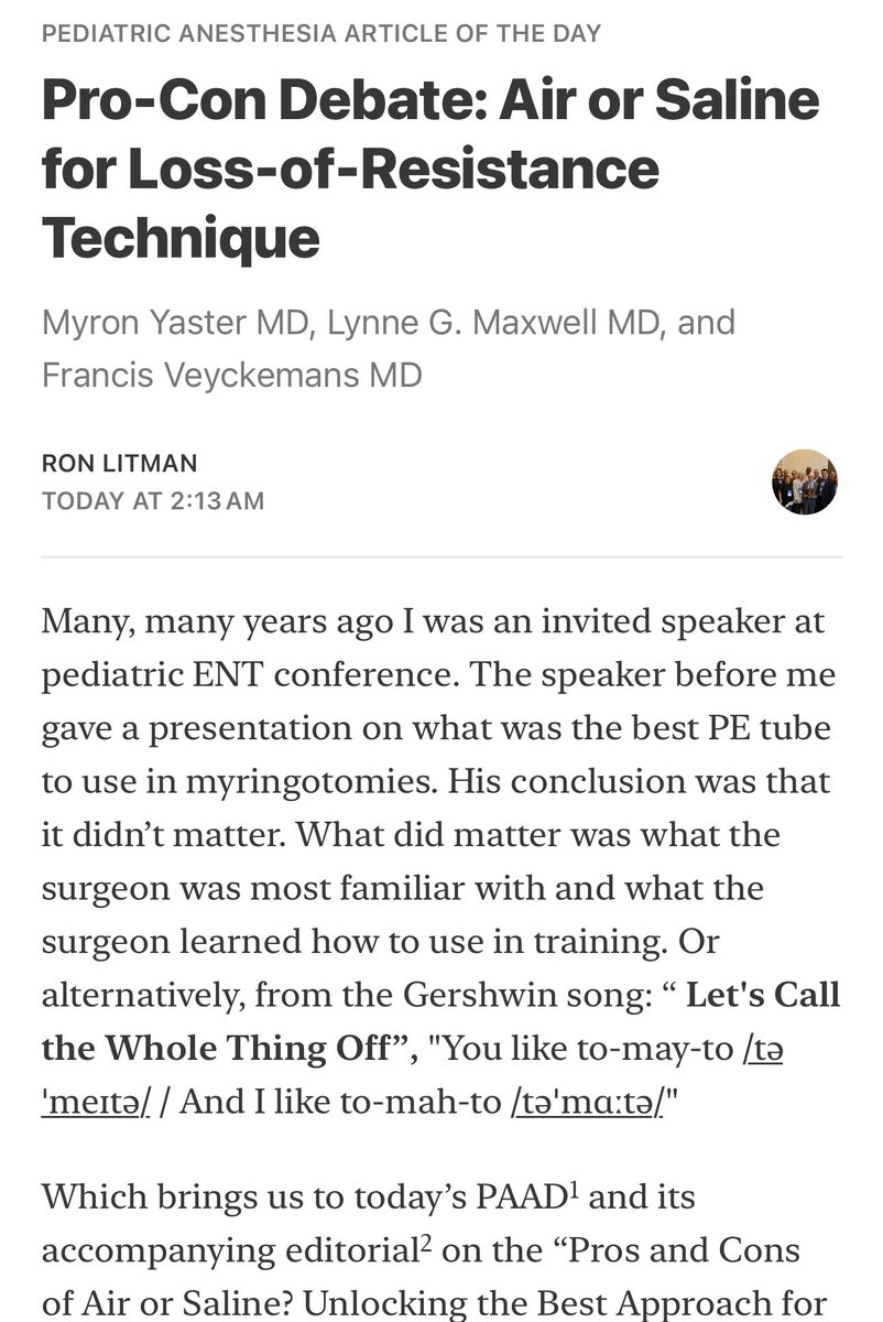 Pediatric Anesthesia Article of the Day

Pro-Con Debate: Air or Saline for Loss-of-Resistance Technique

Myron Yaster MD, Lynne G. Maxwell MD, and Francis Veyckemans MD

open.substack.com/pub/ronlitman/…

#PedsAnes #PedsPain #PedsCardsAnes #PedsICU #MedEd #PAAD