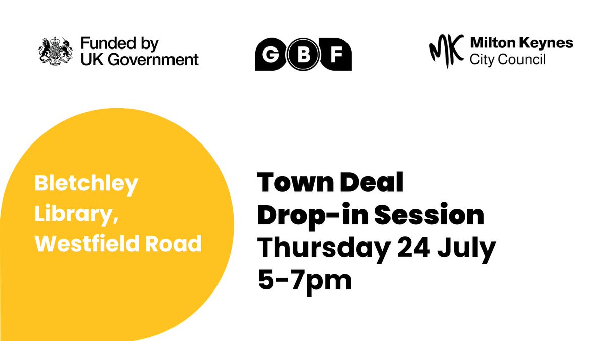 We hold four Drop-in Sessions a month when you can chat to a member of the Town Deal team about the positive changes that are coming to Bletchley and Fenny Stratford. This is where we'll be on Thursday - hope to see you there.
For more info: groundbreakingbletchleyandfenny.co.uk
