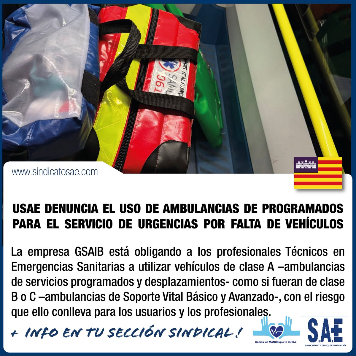 📰| Baleares, 23/07/25. 

📢USAE DENUNCIA EL USO DE AMBULANCIAS DE PROGRAMADOS PARA EL SERVICIO DE URGENCIAS POR FALTA DE VEHÍCULOS

🔗 sindicatosae.com/noticia?idnoti…
#SomosLasManosQueTeCuidan