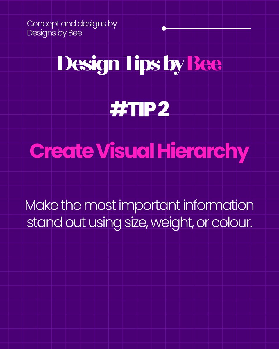 designssbybee's tweet image. Missed yesterday’s post, sorry guys, life happened 😩
Design Tip 2: Visual Hierarchy
Make the key info pop using size, weight or colour.
Let your headline shout, subtext talk and the rest whisper 💬✨
#visualhierarchy #designsbybee #creativedesigner