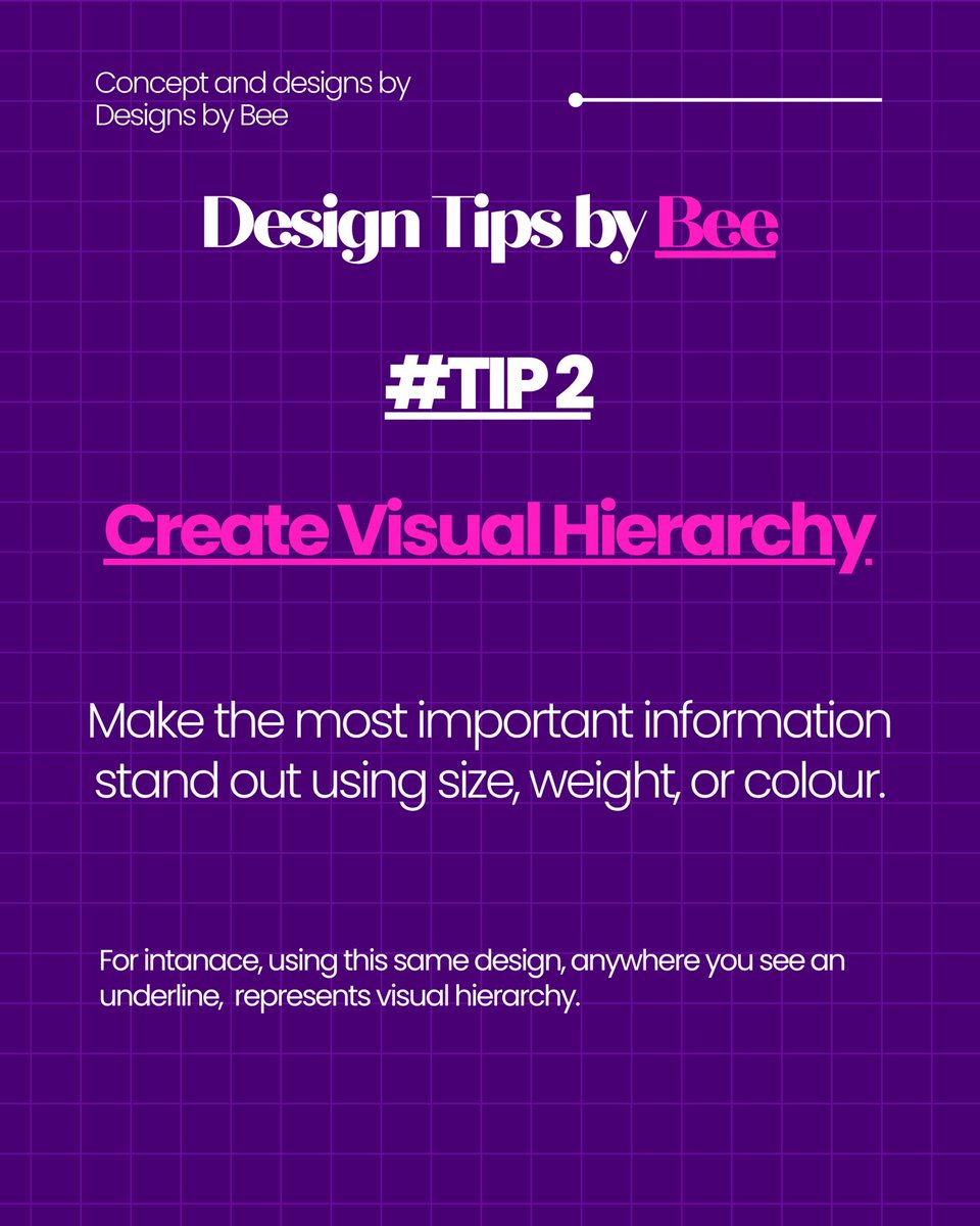 designssbybee's tweet image. Missed yesterday’s post, sorry guys, life happened 😩
Design Tip 2: Visual Hierarchy
Make the key info pop using size, weight or colour.
Let your headline shout, subtext talk and the rest whisper 💬✨
#visualhierarchy #designsbybee #creativedesigner
