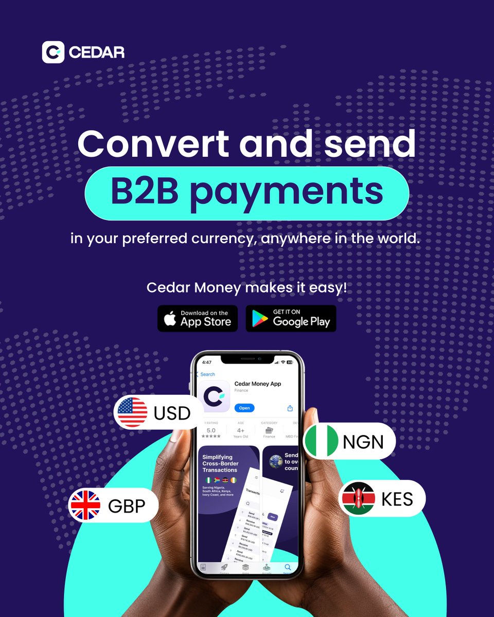 cedar_money's tweet image. Cross-border B2B payments are evolving and we are driving the future.

In today’s $150+ trillion B2B cross-border payment market, speed, transparency and liquidity aren’t optional, they’re business-critical.

Yet, global businesses still face:
1. 3–5 day settlement delays

2.…