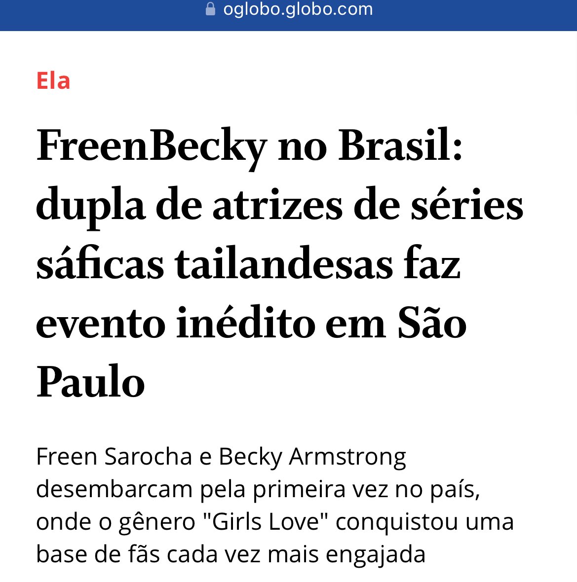 lesbocine's tweet image. 🚨GRANDONAS! A vinda das atrizes Freen Sarocha e Becky Armstrong (#FreenBecky) virou destaque na “Revista ELA”, do @JornalOGlobo:
“Da ficção à transformação social: O sucesso de #GAPtheseries e o fenômeno FreenBecky não podem ser dissociados das mudanças históricas que vêm…