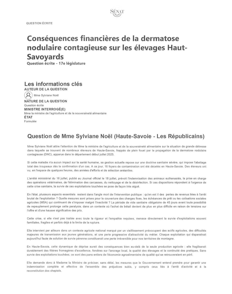 Alors que nos exploitations agricoles savoyardes sont très durement touchées par la dermatose nodulaire contagieuse, j'ai saisi le gouvernement afin de connaître les modalités d’accompagnement dont pourront bénéficier ces exploitations en crise 👉 facebook.com/share/p/1Ayh4f…