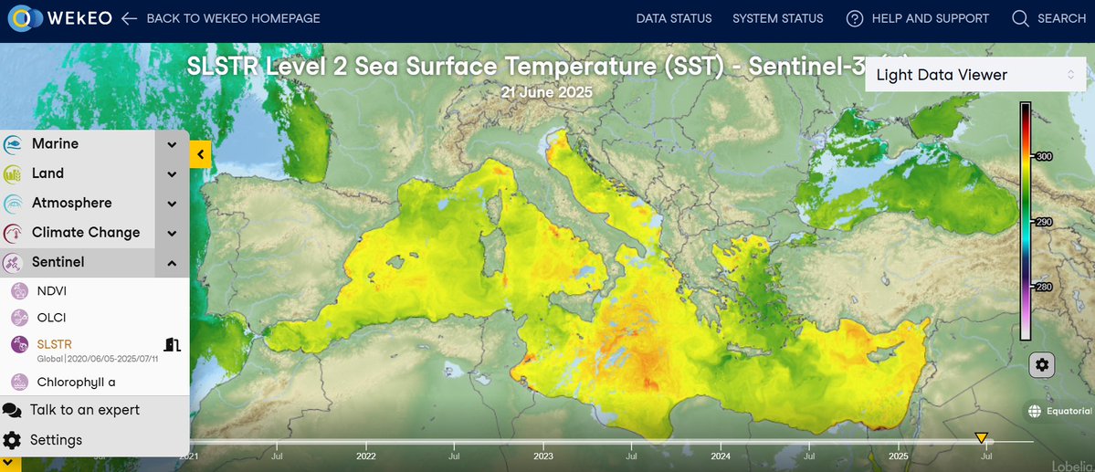 WEkEO_dias's tweet image. Captured by the @CopernicusEU Sentinel-3 satellite on 21 June, this image reveals the intense sea surface temperatures across the Mediterranean Sea.
According to @MercatorOcean, June 2025 set a new record as the warmest June ever in the region🌡️ with an average surface…