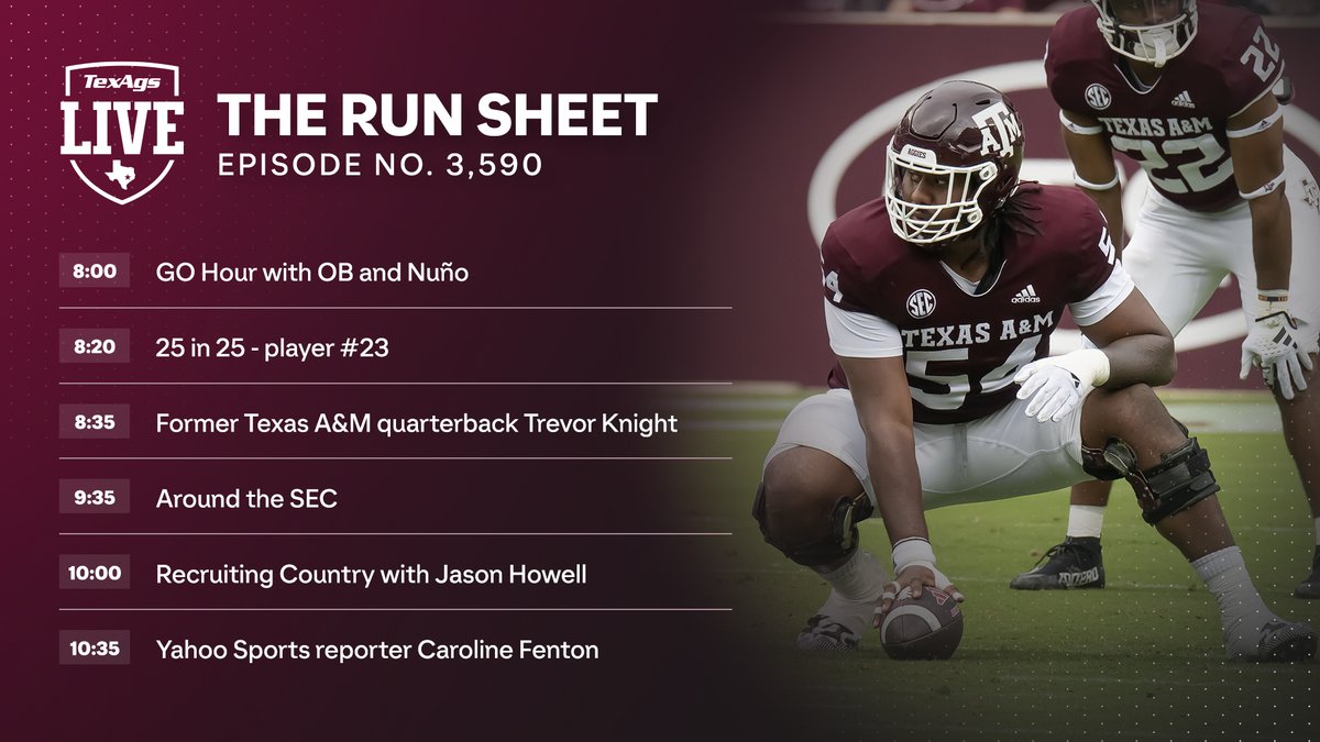 TexAgsLive's tweet image. Ep. 3,590 w/ @DavidNuno
8:00 - @olinbuchanan
8:35 - @trevor_knight9
10:00 - @Jason_Howell
10:35 - @carolinefenton1
📻: RadioAggieland.com
📺: youtube.com/@TexAgsTV