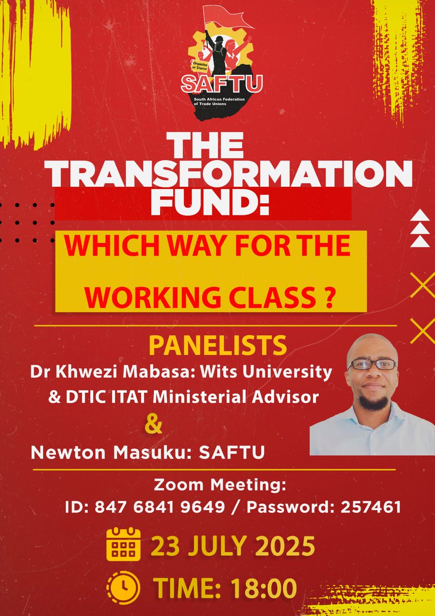 Kindly note that our Federation <a href="/SAFTU_media/">SAFTU</a> is hosting a webinar on the Transformation Fund.
#WorkersUnite 
#ForTheLoveofTheWorkingClass 
❤️🖤💛