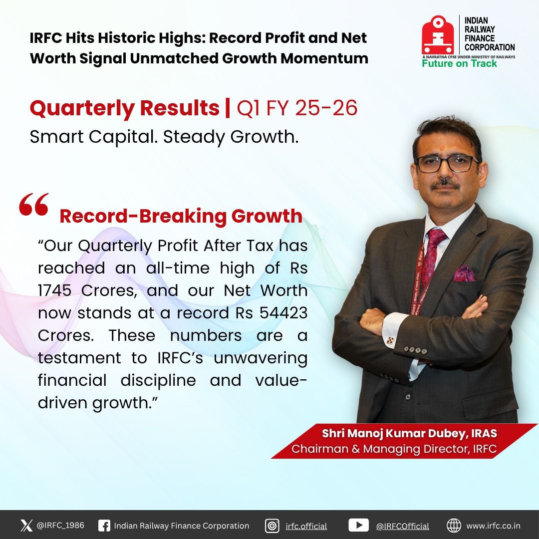 IRFC hits a historic high!

With a record-breaking Profit After Tax of ₹1,745 Cr and Net Worth soaring to ₹54,423 Cr in Q1 FY25-26, we’re setting benchmarks in financial discipline and value-driven growth.

#IRFCQ1Results 

<a href="/RailMinIndia/">Ministry of Railways</a> <a href="/FinMinIndia/">Ministry of Finance</a> <a href="/SecyDIPAM/">Secretary, DIPAM</a> <a href="/ManojDubeyIRAS/">Manoj Dubey</a>