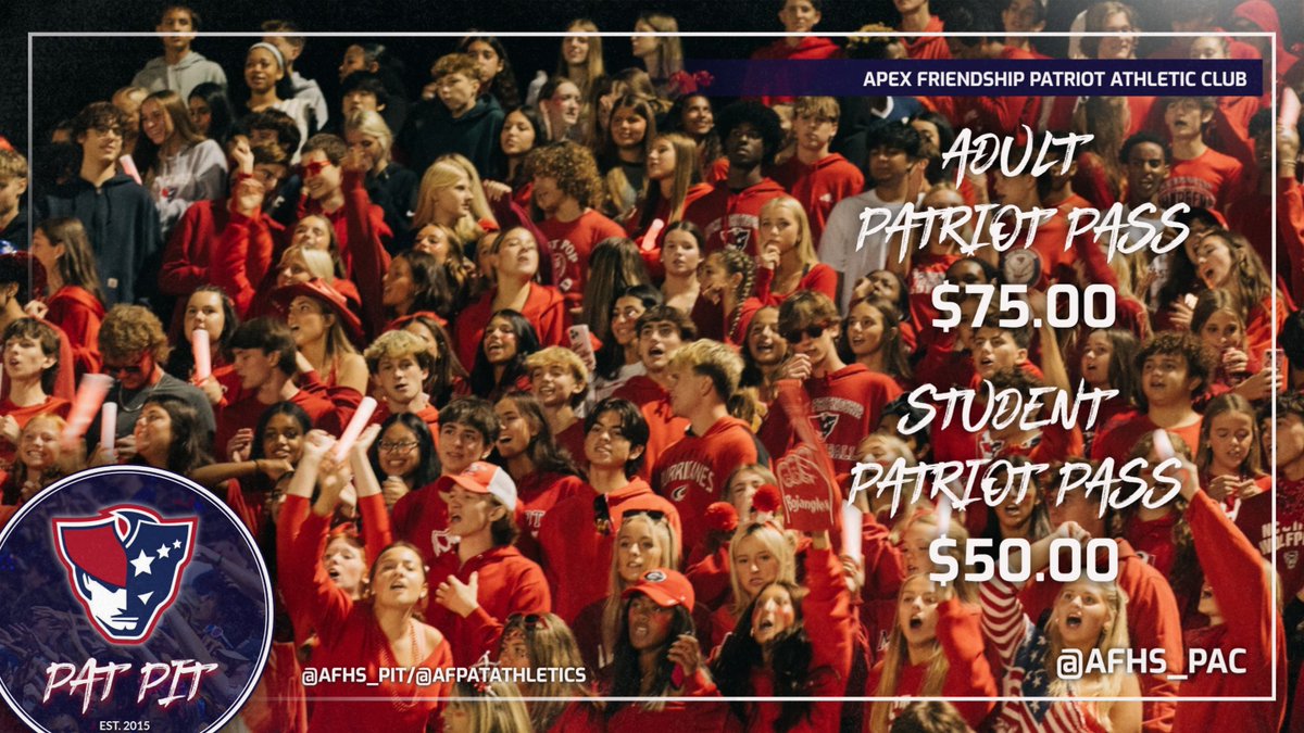AFPatAthletics's tweet image. π¨ π¨ 25-26 Patriot Passes are on sale now! π¨π¨ Don't wait! Do the math, you can't beat these prices! #PatFam #RepAFHS
π gofan.co/event/3827314?β¦