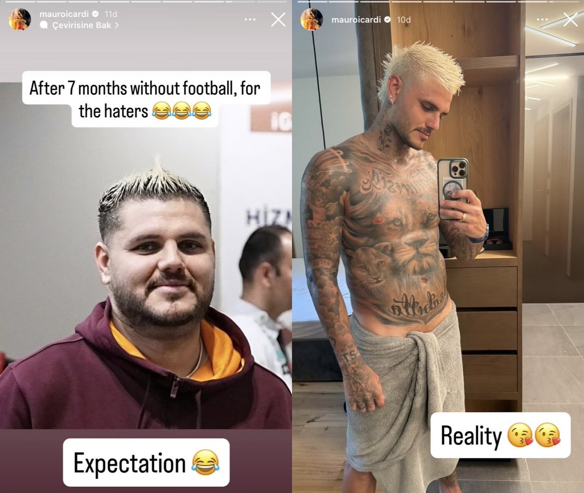 mistikmauro's tweet image. mauro icardi:
"7 ay futboldan uzak kaldıktan sonra, nefret edenler için beklenti böyle 😂"
“bu da gerçekler 😘”