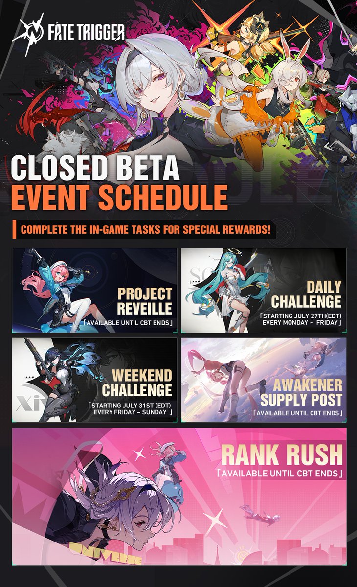 FateTrigger_EN's tweet image. CBT Events Schedule Overview ⚡🎁
Counting down to the Closed Beta Test! 🕛️
Complete in-game tasks to earn Navigation Points which can be used to redeem rewards at the Awakener Supply Post.
All rewards CAN BE RETAINED UPON LAUNCH! ✨
👇Request Beta access on Steam:…