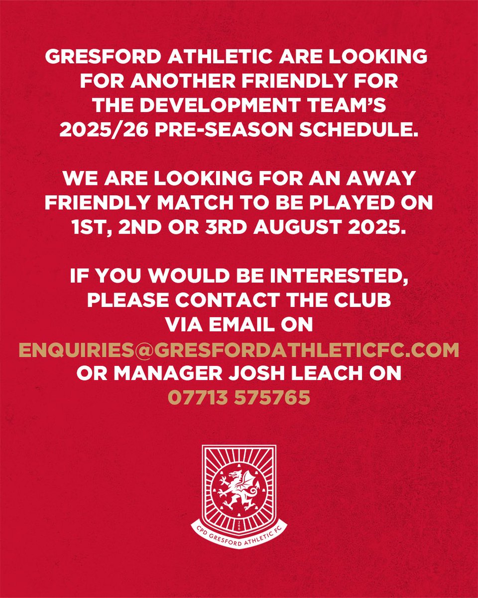 Gresford Athletic FC (@gresfordfc) on Twitter photo Gresford Athletic are looking for an away pre-season friendly for the Development Team to be played on 1st, 2nd or 3rd August 2025.
If you would be interested, please contact the club below. ⤵️
📧 enquiries@gresfordathleticfc.com
📞 <a href="/JoshLeach5/">Josh Leach</a> - 07713 575765 Gresford Athletic are looking for an away pre-season friendly for the Development Team to be played on 1st, 2nd or 3rd August 2025.
If you would be interested, please contact the club below. ⤵️
📧 enquiries@gresfordathleticfc.com
📞 <a href="/JoshLeach5/">Josh Leach</a> - 07713 575765