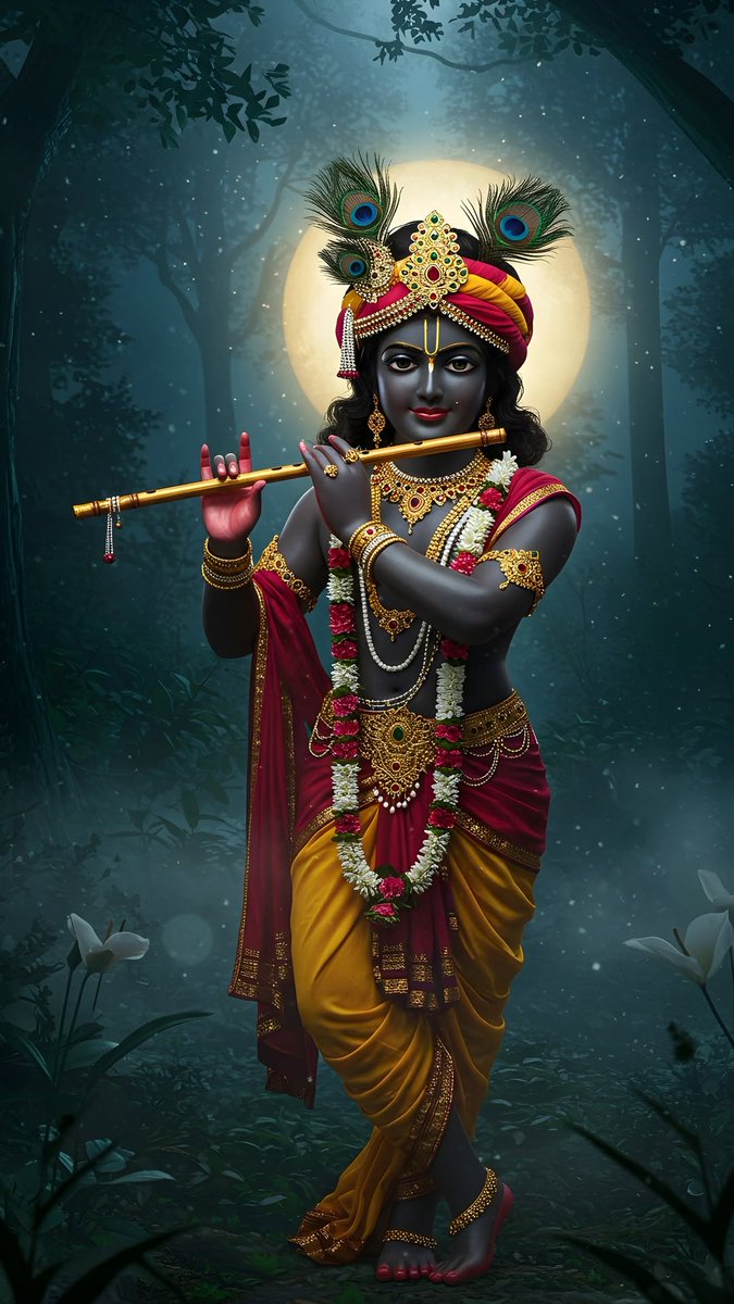 "जहाँ बंसी की धुन हो, वहाँ प्रेम की लहरें खुद चलकर आती हैं… जय श्री कृष्णा! 🌙🎶🦚"