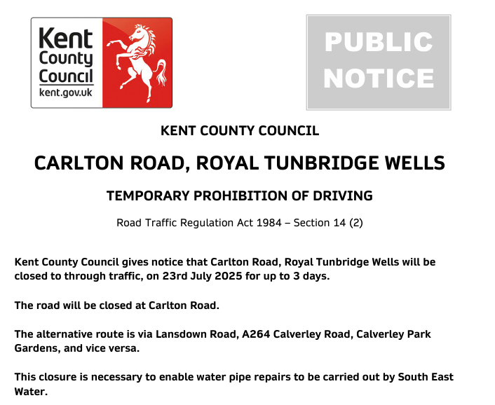 KCC Highways (@kenthighways) on Twitter photo Tunbridge Wells, Carlton Road. Road closed until 25th July for <a href="/sewateruk/">South East Water</a> works: moorl.uk/?9f7ddu Tunbridge Wells, Carlton Road. Road closed until 25th July for <a href="/sewateruk/">South East Water</a> works: moorl.uk/?9f7ddu