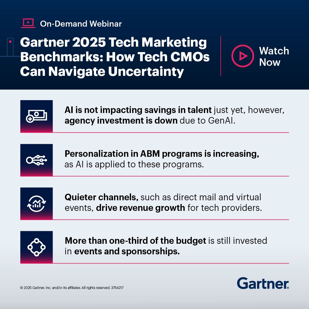 Gartner_inc's tweet image. Tech CMOs: plan with confidence amidst uncertain times. 

Hear from Gartner tech marketing experts on setting priorities and driving results with insights from the 2025 Tech Marketing Benchmarks Survey: gtnr.it/3UtNNVO

#GartnerHT #TechMarketing #TechCMO