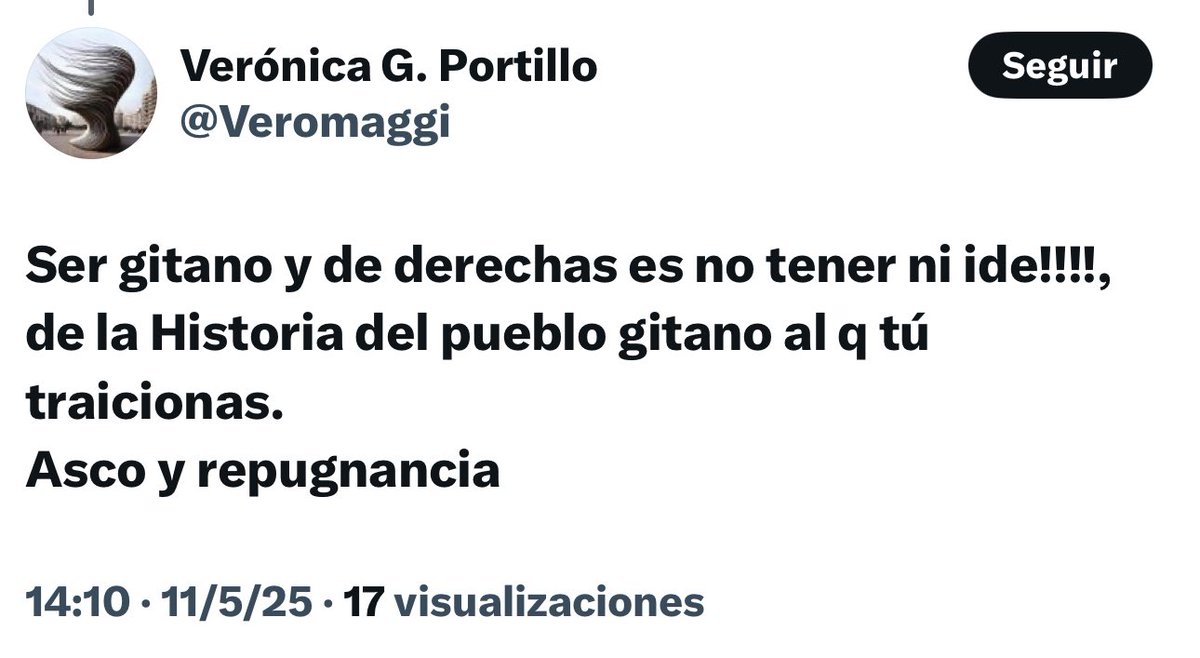 Pitingo's tweet image. Ya que me has bloqueado y no puedo contestarte lo hago así @Veromaggi
Para ti ser gitano es llevar una pancarta y repetir lo que diga la izquierda. Pues mira, prefiero tener ideología propia, sea de la que sea, a ser papagayo de cuatro progres con complejo de salvador blanco.…