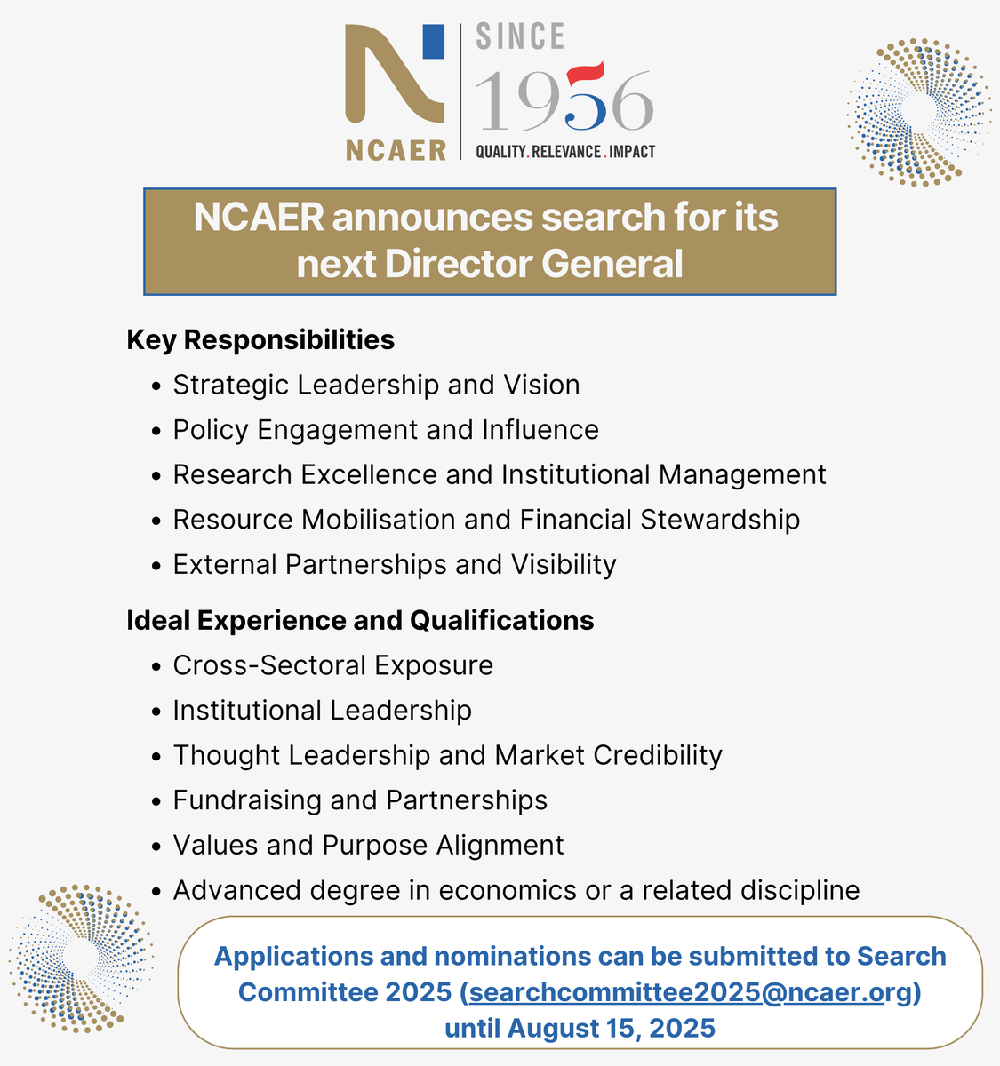 ncaer's tweet image. NCAER announces search for its next Director General. For more details click here: bit.ly/3IJfaIW