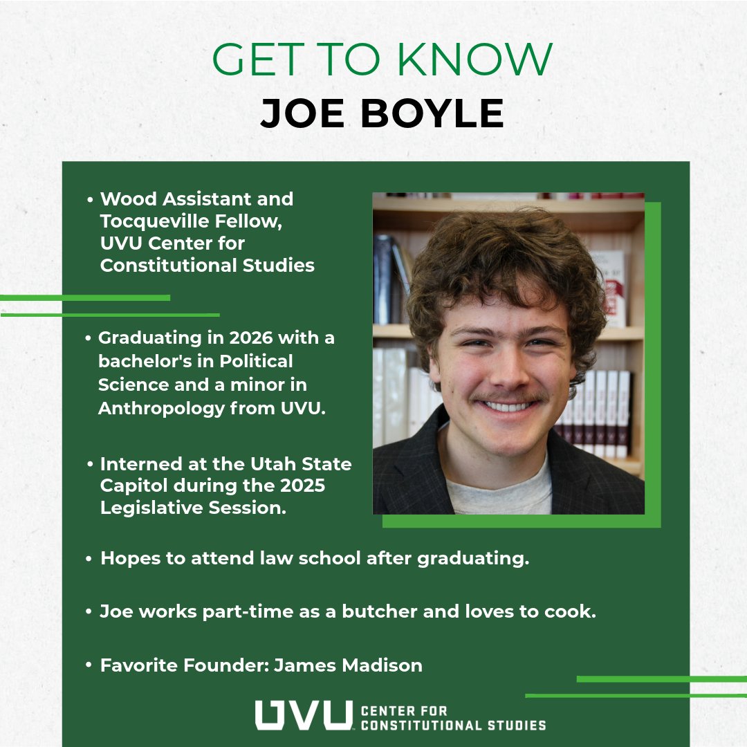CCSUVU's tweet image. On this #whoswho Wednesday, meet Joe Boyle, Wood research assistant and Tocqueville fellow @CCSUVU. Joe will graduate with a bachelor’s in Political Science next year and is planning on law school. His favorite founder is James Madison. Learn more about Joe in the attached…