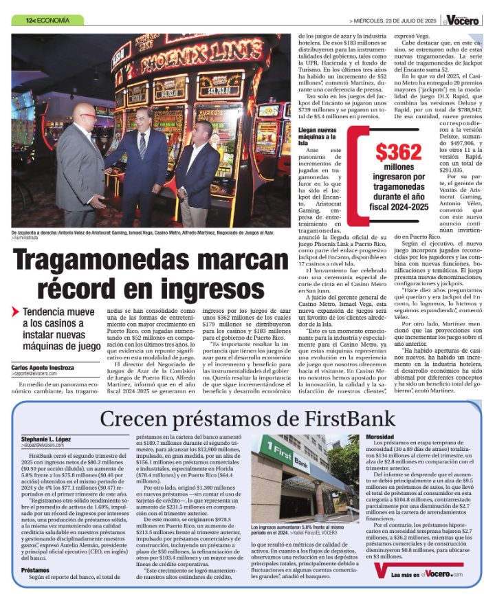 🎰 Las tragamonedas en Puerto Rico generaron $362 millones en ingresos durante el año fiscal 2024-2025.

El artículo destacó la innovación y modernización en los casinos, como Casino Metro, liderado por Ismael Vega, también es miembro de la Junta de Directores de la PRHTA.