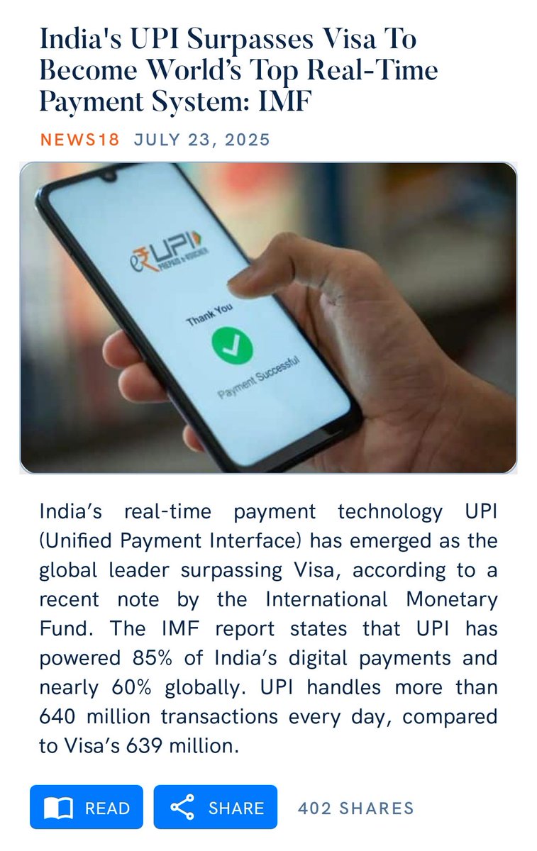 India's UPI Surpasses Visa To Become World’s Top Real-Time Payment System: IMF
news18.com/business/banki…

via NaMo App