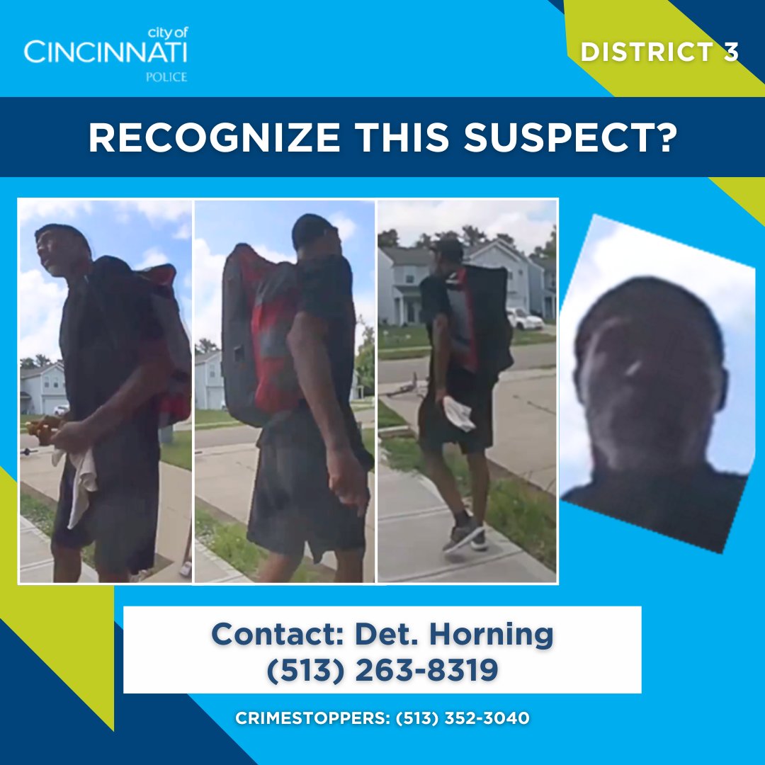 CincyPD's tweet image. We need your help. The pictured individual broke the front door window of a home on Deercove Ct. The offense occurred on 7/14/25 and was captured on the victim’s security camera. Anyone recognizing this individual, please contact Det. Horning at 513-263-8319.