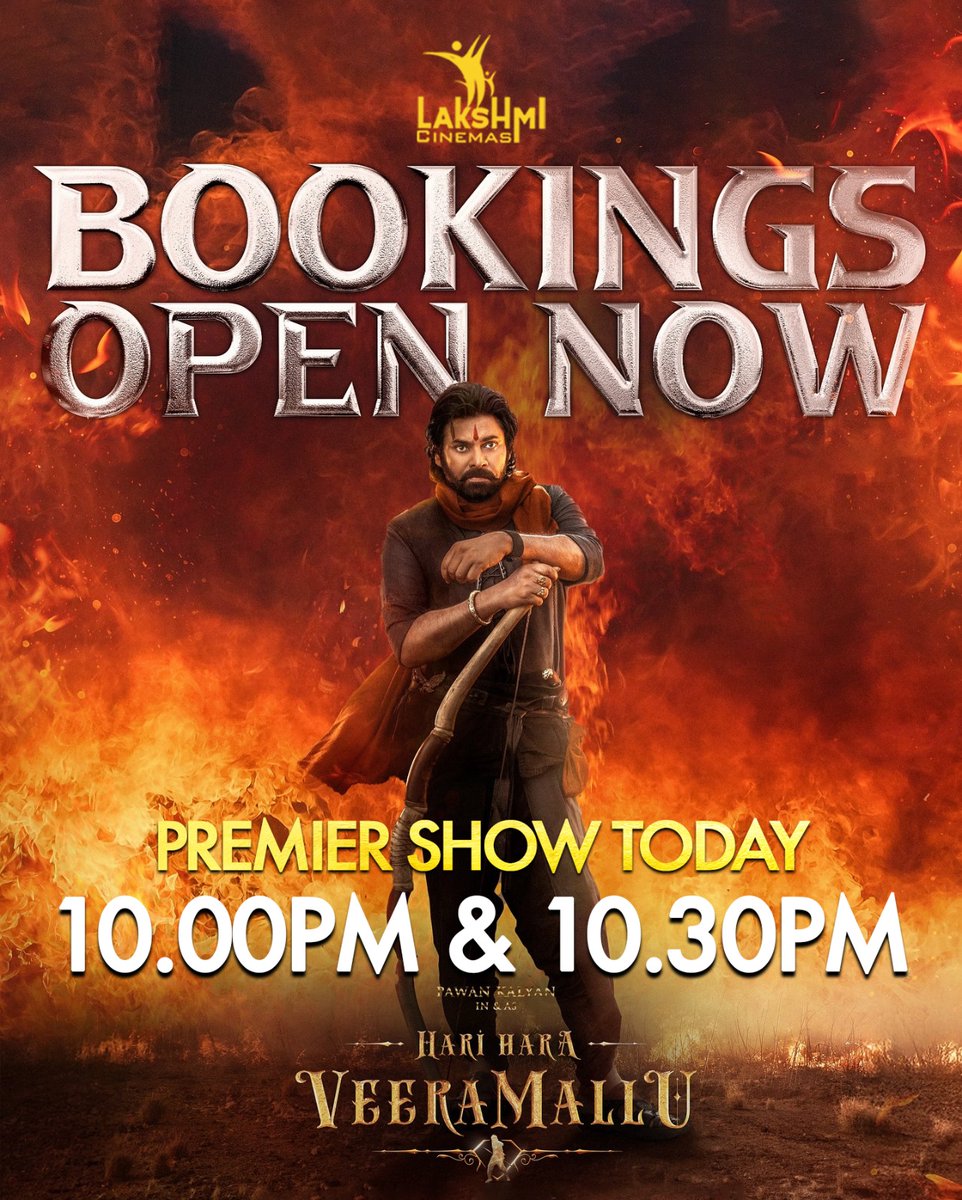 lakshmicinema's tweet image. Show timing: 10.00PM & 10.30PM
Premier Show Today - Be the first to watch this classic on big screen. #HariHaraVeeraMallu screening today at Lakshmi Cinemas, Hosur. Book your tickets now at the box office and Book my show app.
#pawankalyan #HHVM #lakshmicinemas #hosur